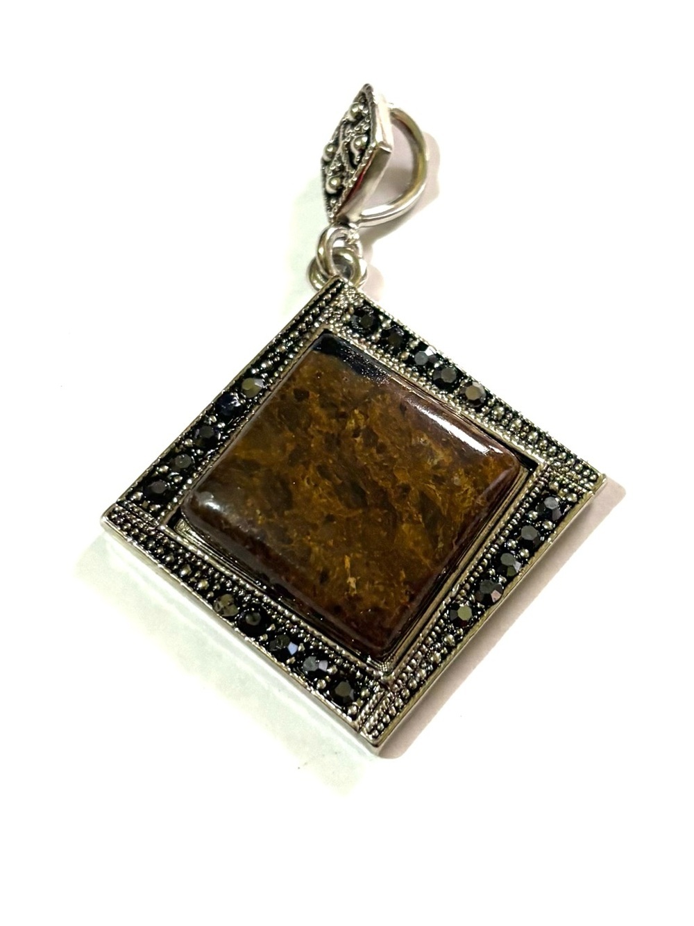 Vintage Brown Jasper Square Pendant with Black Accents